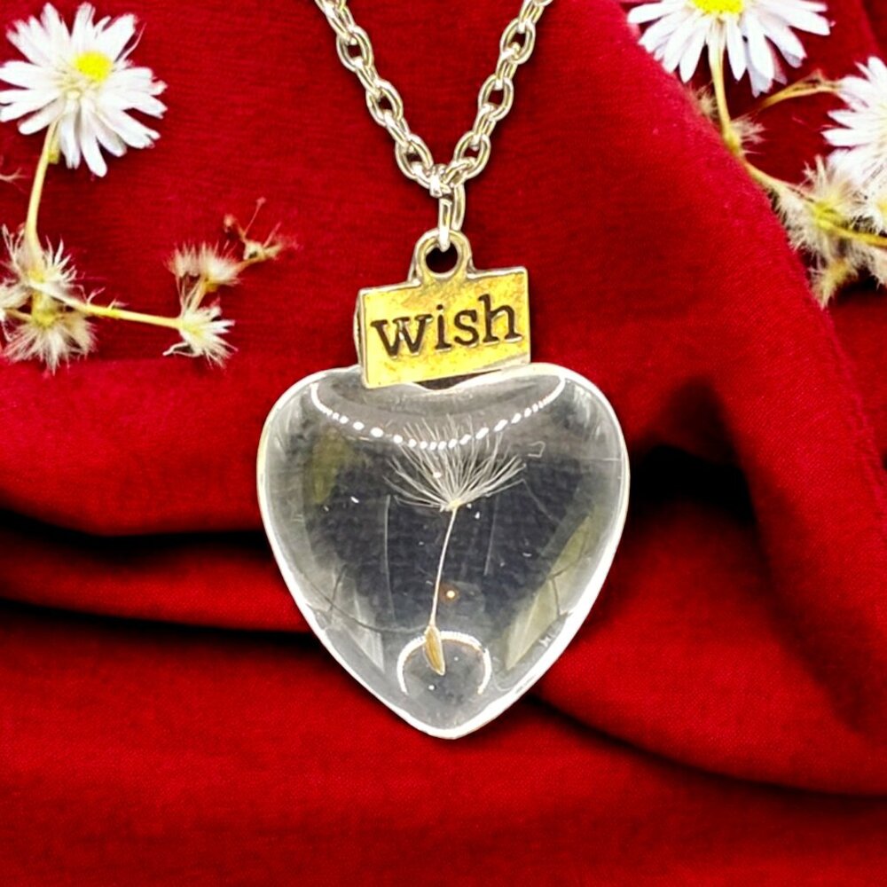Dandelion Seed Captured  Fused Glass w/ Silver Tone Wish Charm & Chain Necklace